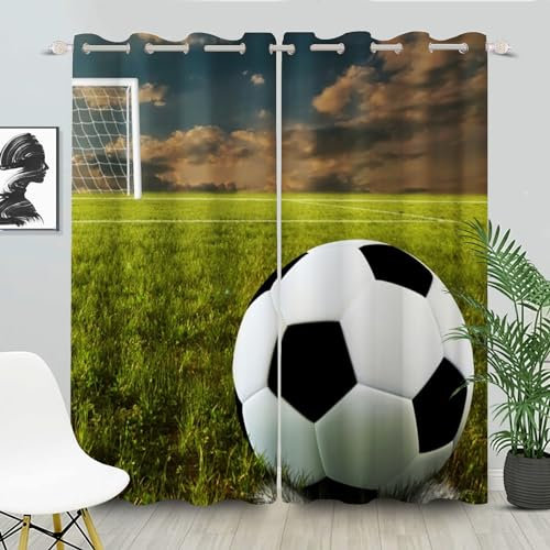SHROUDEX Fußball Gardinen Verdunklungsgardine Kinder Jungen Fußball Sportfeld Vorhänge Verdunkelungsvorhang Kinderzimmer 3D Muster Fußball Vorhänge (7,100×140BxH (50×140cm×2))
