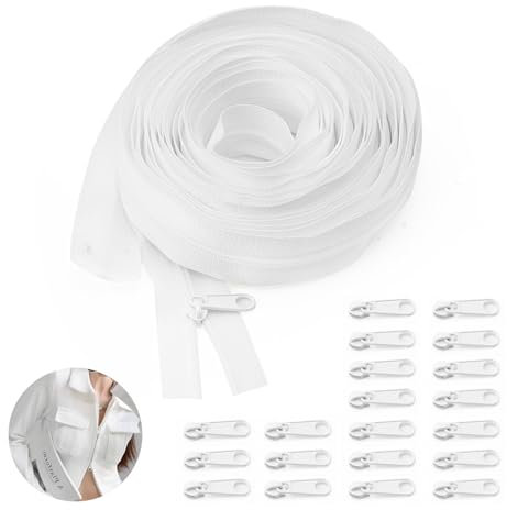 Cerniera Lampo Bianca Continua lunga 5 Metri 20 Cursori in Metallo Catena misura 4,Cerniere in Nylon Zip Tagliabile per Cucito al Metro Larghezza 25 mm Bianco