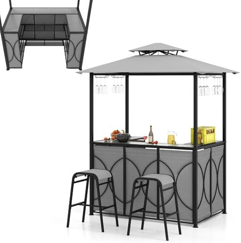 HOMASIS Gazebo per Barbecue con Banco da Bar e 2 Sgabelli, Gazebo Esterno Resistente con Doppio Tetto, Pergolato da Giardino Resistente alla Pioggia e al Fuoco, 194 x 121 x 242 cm (Grigio)