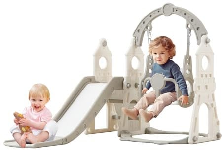 3 in 1 Slide and Swing Set for Kids,Toddler Swing,Toddler Swing and Slide Set,Basketball Hoop Garden Climbing Frames (White+gray)