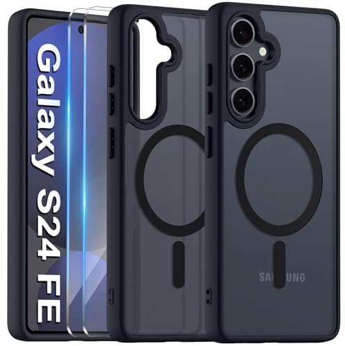COPIKE Cover Magnetica per Samsung Galaxy S24 FE 5G con 2 Pezzi Vetro Temperato e 2 Lente Fotocamera Protezione, Custodia Sottile Antiurto Posteriore Glassata Traslucida Anti-Impronte, Opaca Nero