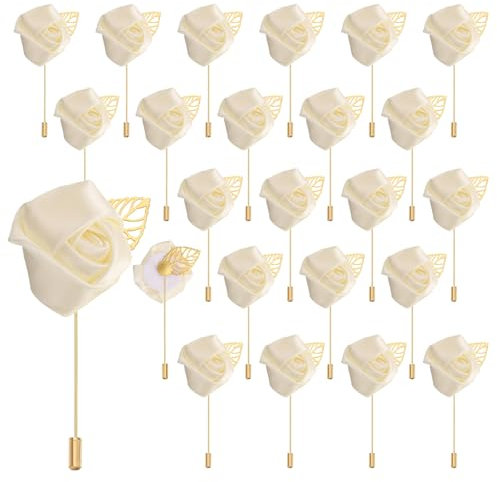 QUARKZMAN 24 Stück Beige Rosen Ansteckblumen Knopflöcher Taschenanstecker Pins für Hochzeitszeremonie Jubiläum Abschlussball Formelles Abendessen Party