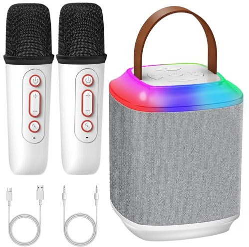 Qoosea Mini Karaoké Enfants Portable sans Fil avec 2 Micro, Bluetooth Karaoké avec Magique Voix Change et LED Lumière, Enceinte Bluetooth pour Fête et Voyage, Cadeau pour Enfant et Adulte - Blanc