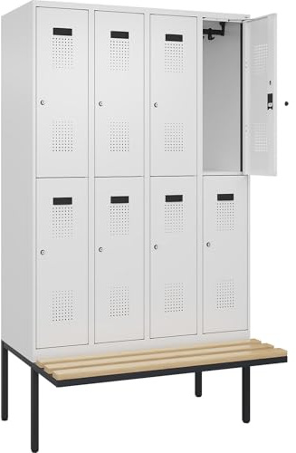 kaiserkraft | Doppelstock-Spind Evolo Plus Sitzbank | 4 Abteile | weiß | B 1200 mm | Zylinderschloss | mit auskragender Sitzbank | Buche