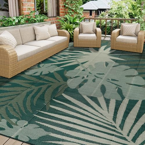 Homcomodar Outdoor Teppich Wetterfest 270x365cm Camping Teppiche Balkon Teppich Reversible Matte Kunststoff Stroh Teppiche Recycelter für BBQ Balkon Strand Deck(Grün)