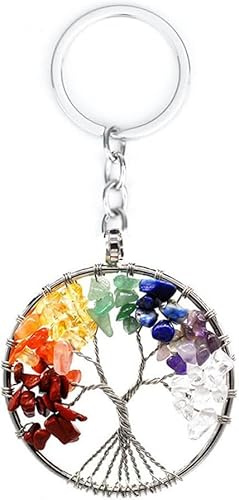XFSRG Llavero Árbol Vida Piedras Naturales Multicolor Colgante Circular Alambre Metálico Amuleto Decorativo