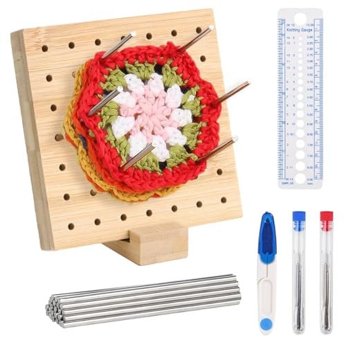 ZDNT Sperrbrett Für Granny Square,Handcrafted Wooden Blocking Board,Häkelprojekte Sperrbrett Häkeln Holz,Crochet Blockierbretter Full Kit with 10 Edelstahl-Stabstiften Und 5 Nadeln (10 x 10 cm)