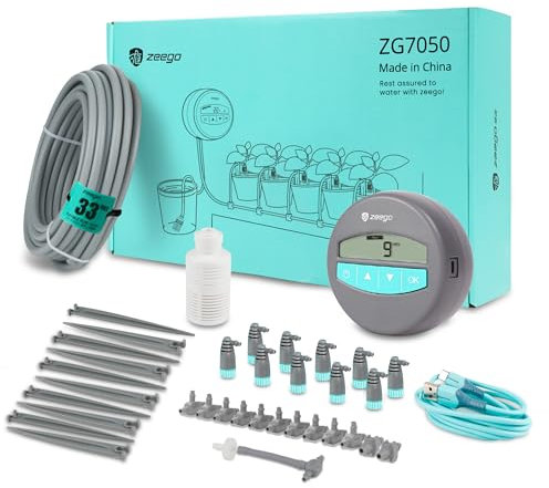 Zeego Kit de riego automático por goteo con temporizador de agua programable digital, soporte de 10 plantas de interior y exterior en maceta (soporte incremental), horarios/modos de riego inteligentes