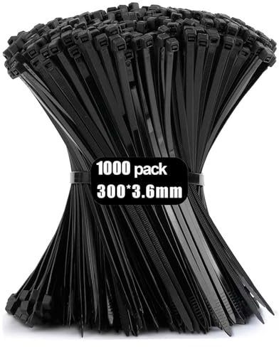 Viuxule Cable Ties 1000 Pack, 12 inch Nylon Zip Ties Black, 300 x 3.6mm Industrial Tie Wraps Tensile Strength 40 lbs, Self-Locking Zip Ties with UV-Resistant for Gardening, Office, Workshop, Outdoor