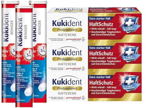 Kukident Aktiv Plus 3x33 Tabs & Haftcreme Professionell Haftstark 3x40g – Komplettpack zur Prothesenpflege mit Reinigungstabletten und starker Haftcreme für langanhaltenden Halt