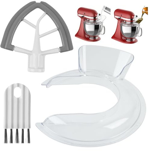 Pouring Shield and Silicone Paddle Mixer Flat Beater Compatible with Kitchen Aid Tilt Head Stand Mixer 4.5& 5QT, Paddle Attachment and Splatter Guard Kit Compatible with Kitchenaid Mixer with Brush