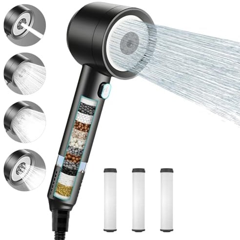Pommeau de Douche Haute Pression avec 1.5m Tuyau et Support | Pommeau de Douche Anti Calcaire Filtre Haute Pression Pomme avec 4 Modes de Jet pour Salle de Bain,Chromé