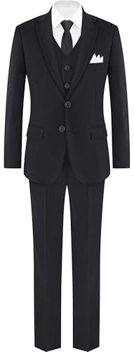Boys Black Stretch Suit Kids Slim Fit 5-Piece Tuxedo Stretch Dress Shirt & Zipper Tie Big Boys Suit Size 8 for Wedding School Graduation Ring Bearer Homecoming Birthday Party Church Christmas