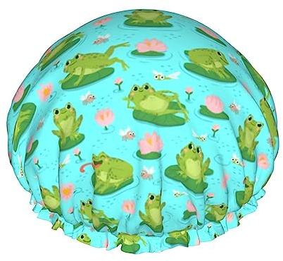 Cute Animal Frog Pattern Shower Caps Bath Cap For Women Adjustable Double Layer Hair Protection Spa Salon Shower Hat