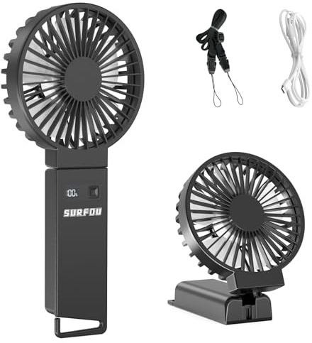 SURFOU Handventilator 4000mAh Akku, Tragbarer Mini Ventilator mit 4 Geschwindigkeiten, USB-C Wiederaufladbar, Ideal für Reisen, Büro und Outdoor, Leise und Leistungsstark