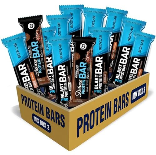 Bodylab24 Protein Bar Mix Box 3, 6 unterschiedliche Proteinriegel mit je 2 Stück in einer Box, Eiweißriegel zum Probieren und Verschenken, Low Carb High Protein Riegel