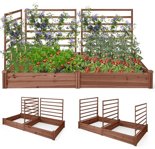 COSTWAY Hochbeet mit Rankgitter, Blumenkasten mit Spalier, Pflanzkasten Tannenholz, Pflanzkübel mit Sichtschutz, 3 Gartenspalier mit Rankkasten, für Kletterpflanze Balkon Garten, 222x114x110 cm, Braun