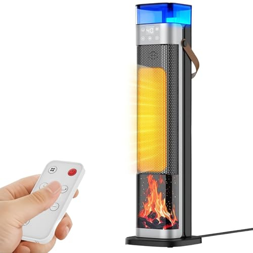 Heizlüfter, 2000W PTC Heizstrahler Energiesparend, Drei Gangmodi, 12H Timer, Temperaturanzeige, Luftbefeuchter, Lichtanzeige, Fernbedienung, Überhitzungs- & Kippschutz, für Zuhause, Büro