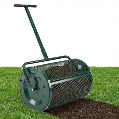 HOMASIS Spandiconcime a Rullo, Rullo da Giardino con Rete Metallica e Manico Regolabile in Altezza, Spanditore per Compost con Chiusure Laterali e Perno a Apertura a B per Cortile e Prato (Verde)
