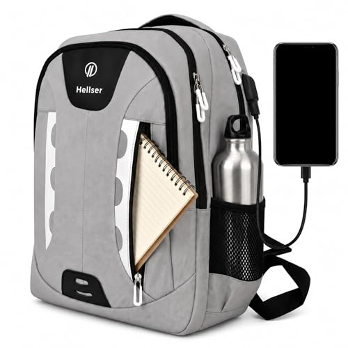 HELLSER Laptop Rucksack Herren Damen 25L mit USB-Ladeanschluss, Wasserabweisend, Laptopfach bis 16 Zoll, Reiserucksack Handgepäck, Reflektoren, Ergonomisch – Business & Schulrucksack NOVA Grau
