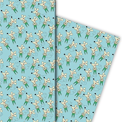 Kartenkaufrausch 70er Jahre Kinder Geschenkpapier Set 4 Bogen, Dekorpapier mit kleinen Mäusen, hellblau, für tolle Geschenk Verpackung, Musterpapier zum basteln 32 x 48cm