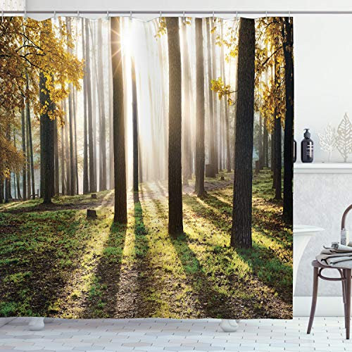 ABAKUHAUS Natur Duschvorhang, Wald Blätter am Sonnenaufgang, Stoffliches Gewebe Badezimmerdekorationsset mit Haken, 175 x 200 cm, Gelb Grün Braun