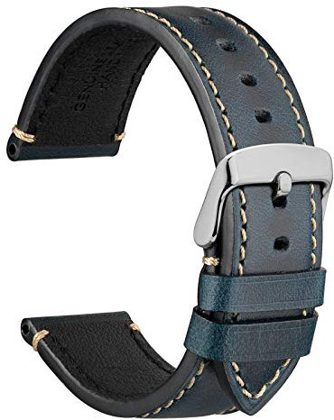 WOCCI 22mm Uhrenarmband für Business Uhren, Pull Up Leder, Polierte Silber Schließe (Mitternachtsblau)