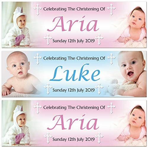 Personalisierbares Banner zur Taufe, Namenstag, Foto, Babyparty, Poster, Dekoration, 2 Stück Large blau