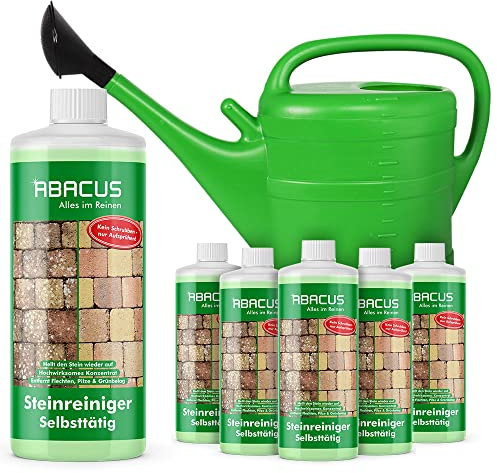 ABACUS® Steinreiniger Set, selbsttätiger Algenentferner & Flechtenentferner, 40% Wirkstoff, gegen Flechten & Algen auf Pflastersteinen – Steinreiniger 6x 1L inkl. Gießkanne (7410.6)