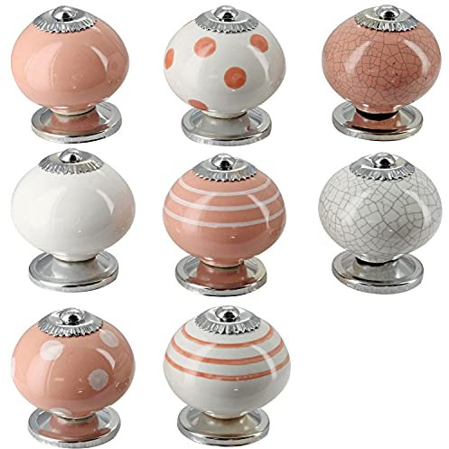 G Decor Dark Pink and White Handmade Assorted Designs Ceramic Door Knobs, Vintage, Shabby Chic, Interior Furniture, Cabinet Cupboard Drawers Pulls Handles (8-Pack)