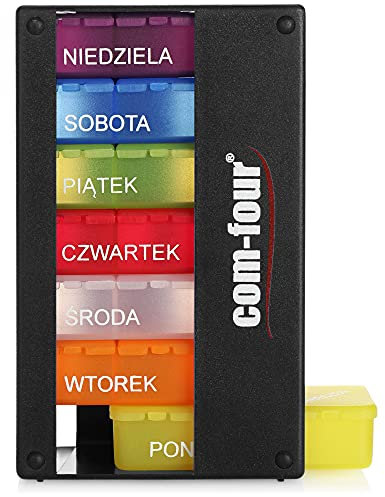 COM-FOUR® Medikamentendosierer auf POLNISCH - Medikamenten-Box für 7 Tage - 3 Fächer - Pillendose - Pillenbox - Tablettenbox - Wochendosierer zur Aufbewahrung [POLNISCH] (Schwarz)