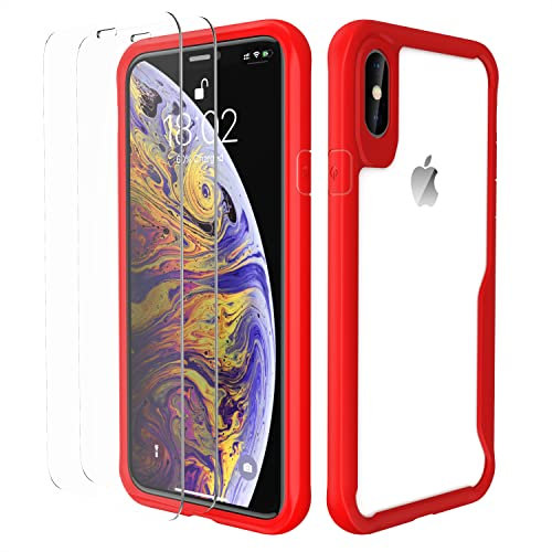 ORETECH Compatible with iPhone X/XS Case, with [2 x 9H Tempered Glass Screen Protector] Shockproof Drop Protection Ultra Thin Soft TPU + Hard PC Hybrid Transparent Case - Red