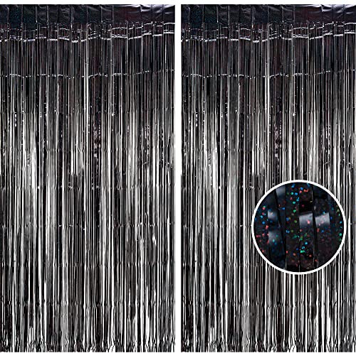 BRAVESHINE Black Foil Fringe Curtains, Metallic Tinsel Fringe Party Streamers Backdrop for Halloween Haunted House Decorations - 2 Pack, 1x2.5m