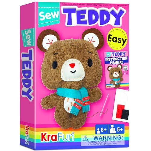 KRAFUN Kinder-Nähset für Anfänger ab 7 Jahren, Teddybär-Stoftpuppe, Plüschfilz, Anleitung, Wiederverwendbare Box, Lernspielzeug zum Nähen und Sticken