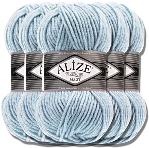 Alize 5 x 100g Superlana Maxi Türkische Premium Wolle Baumwolle und Acryl Uni Handstrickgarne | Yarn | Garn | Strickgarn Einfarbig Baby zum Häkeln Stricken Kleidung Schals (Light Blue | 480)