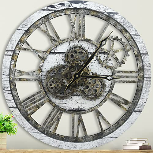 HOSTON Große Wanduhr XXL Wanduhr Uhren für Wohnzimmer ndustrial Steampunk Real Moving Gears Wanduhr für Wohnzimmer, Küche, Bauernhaus, Büro, Bar (Off-weiß,24 Inches)