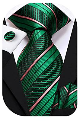 Dubulle Herren-Krawatten-Set, massives Paisleymuster, Seide, Krawatte für Herren, mit Manschettenknöpfen, Krawatte und Einstecktuch, Bgreen Pinks, Medium