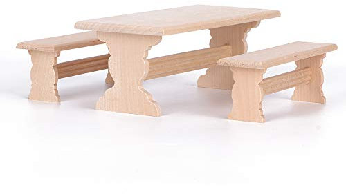 SUNGOOYUE 1/12 Puppenstuben-Tischmöbel, Tragbares Miniatur-Holztisch-Bank-Modell-Set für Puppenstuben-Zubehör(Long Table Bench)