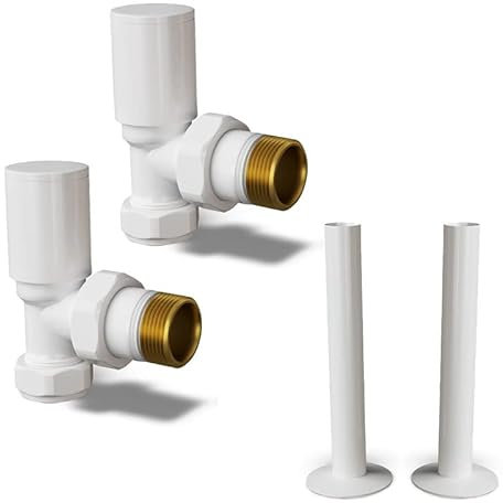 UK Radiators Round White Radiator Valves and Pipe Covers - White Gloss Finish - Classy and Modern Design 1/2 x 15mm Angled Radiator Valves - Pair of Valves with 130mm Pipe Covers