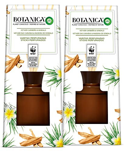 Botanica by Air Wick Pack 2 Varitas Perfumadas - Ambientador Mikados, Esencia Para Casa con Aroma a Vetiver Caribeño Y Sándalo - 2x80 ml