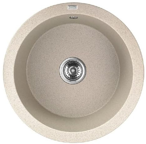 BADLAND Spülbecken Einzelbecken 51x51 Kuchenspüle Rund Beige Granitspüle Dafne II und platzsparender Siphon