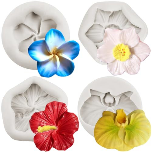 Sijiangmold Silikonform mit Blumenblüten, Plumeria, Orchidee, Schokolade, Fondant, für Kuchendekoration, Cupcake-Topper, Süßigkeiten, Schokolade, Gummipaste, Polymerton, 4 Stück