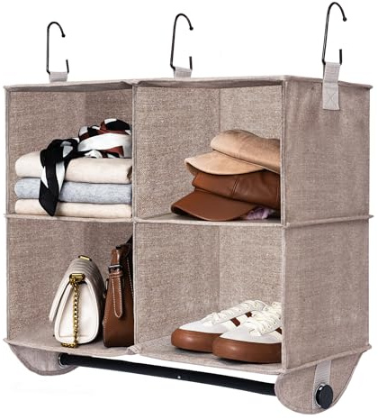 StorageWorks Wardrobe Hanging Storage with Metal Rod, 4-Section Wide Hanging Shelves, Hanging Wardrobe Organiser for Clothes, Collapsible Hanging Wardrobe Organiser, Shoe Rack, Brown and Beige