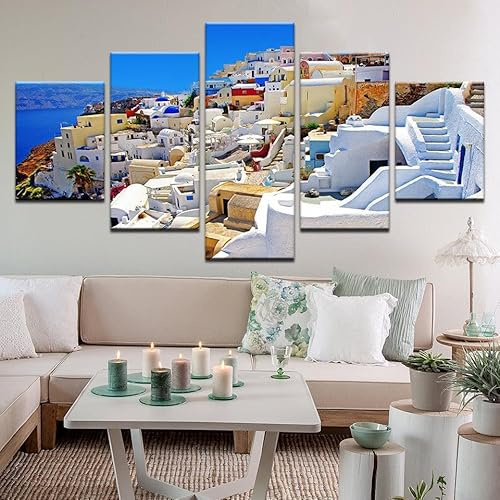 YUNTAOS Moderne Bilder Wohnzimmer 5 Teiliger Santorini Griechenland Poster Mit Rahmen Hd Für Heimdekoration Personalisierte Bilder Leinwandbilder Xxl