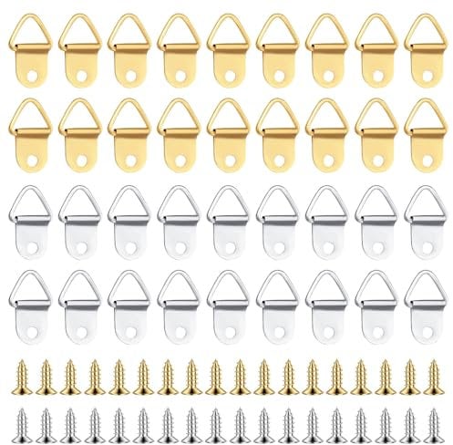 MOSTFUN 100 Sets D Ring Picture Frame Hanging Hangers with Screws, D Hooks Frame Hooks Picture Hanging Hooks for Picture Photo Frame Hanging Home Decoration (Silver & Golden)