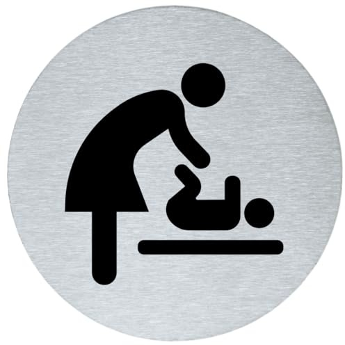 Stahl-Design Tebart Schild „Wickelraum“ rund 7,5 cm Edelstahl – graviertes Piktogramm mit Baby-Symbol – selbstklebend mit 3M Klebefläche – langlebige Edeloptik & elegante Türbeschilderung