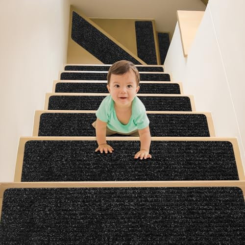 Tappetini per scale, 14 pezzi, antiscivolo, autoadesivi, 20 x 76 cm, protezioni per gradini, per bambini, anziani, animali domestici, per scale, colore nero