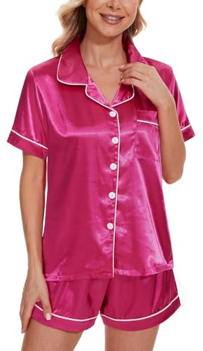 MyFav Womens Silk Satin Pyjamas Set Short Sleeve Sleepwear Two-Piece Pj Sets Button-Down Loungewear XS-2XL