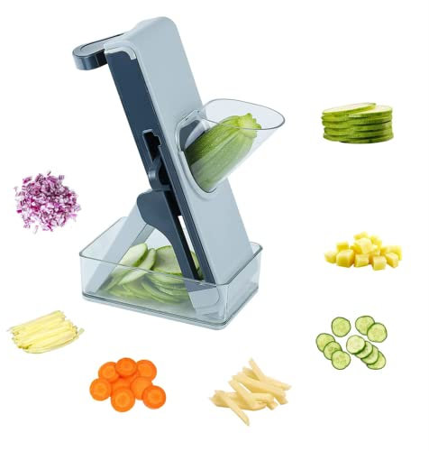 CVNIMV Cortadora de mandolina en Juliana, para Patatas, Verduras, Carne, cebollas, Cortador de Verduras, mandolina Segura con contenedor, ajustador de Grosor, múltiples Cuchillas, Azul (a
