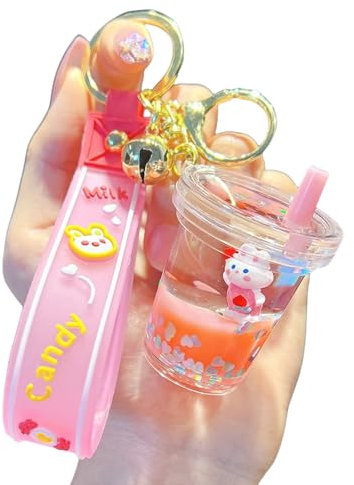 Rertnocnf Cute Kawaii Floating Cartoon Rabbit Creative Milk Tea Cup Design Backpack Car Key Pendant Kids Girls Women Handbag Wallet Clear Acrylic Glitter Liquid Keychain, 5 * 3 * 3.7 cm